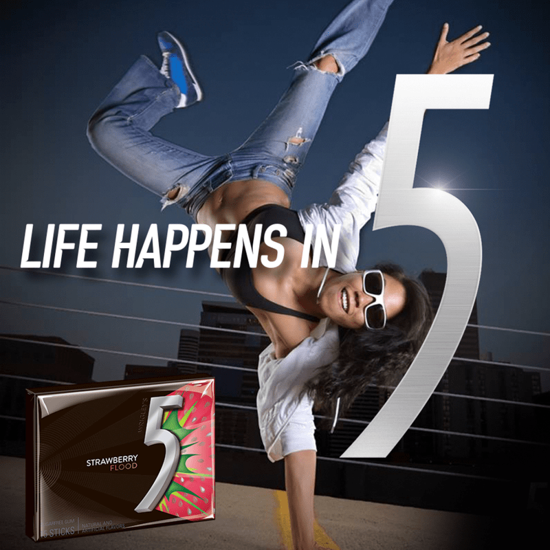 5 Gum Strawberry Flood Sugarfree Chewing Gum, Single Pack