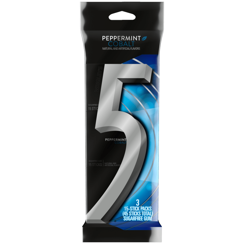 5 Gum Peppermint Cobalt Sugarfree Chewing Gum, 15-Stick Pack (Pack of 3)
