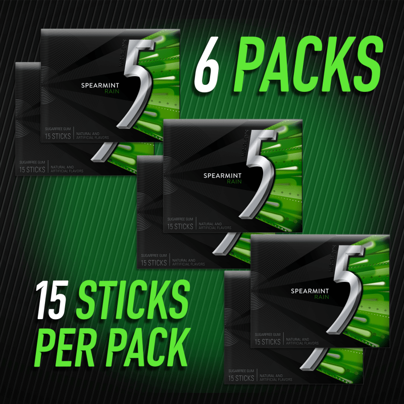 5 Gum Spearmint Rain Sugarfree Chewing Gum, 15-Stick Pack (Pack of 6)