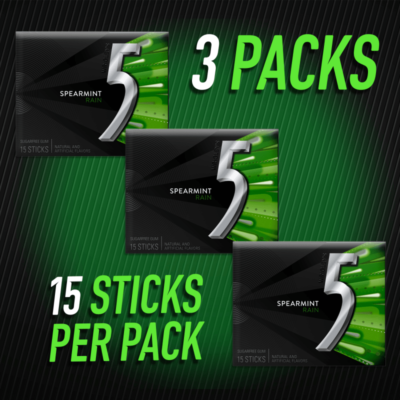 5 Gum Spearmint Rain Sugarfree Chewing Gum, 15-Stick Pack (Pack of 3)