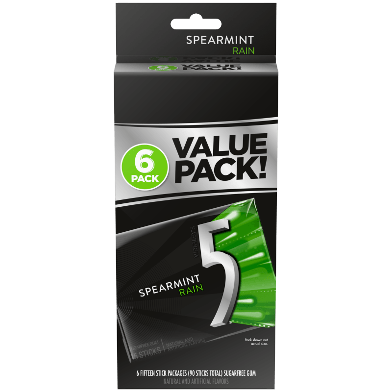 5 Gum Spearmint Rain Sugarfree Chewing Gum, 15-Stick Pack (Pack of 6)